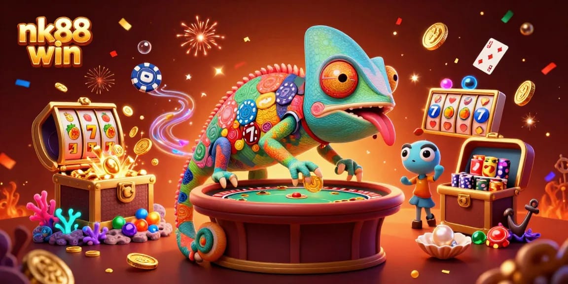 Engage in thrilling gaming at nk88 win with vibrant 3D illustration of chameleon casino owner and dynamic gambling elements.