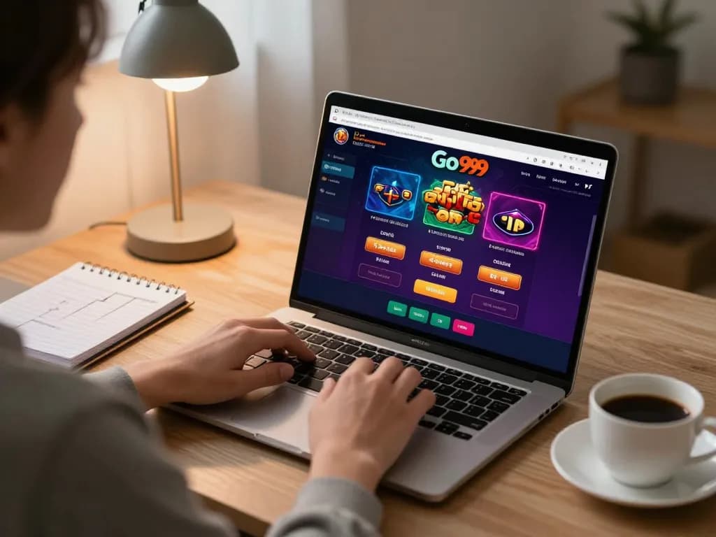 Playing Go999 online casino games on a laptop with vibrant graphics in a cozy home setup