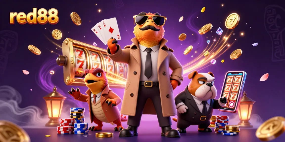 Experience red88 thrills as three raptors in a trench coat sneak into a VIP casino lounge.