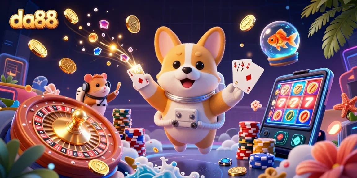 Experience immersive fun at da88 with floating astronaut corgi in a vibrant space casino.