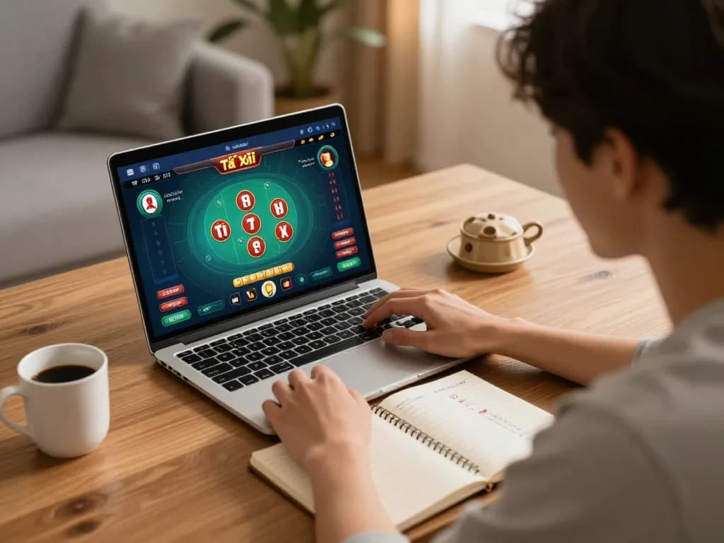 Tái Xỉu online gaming experience on laptop with strategy tips visible.