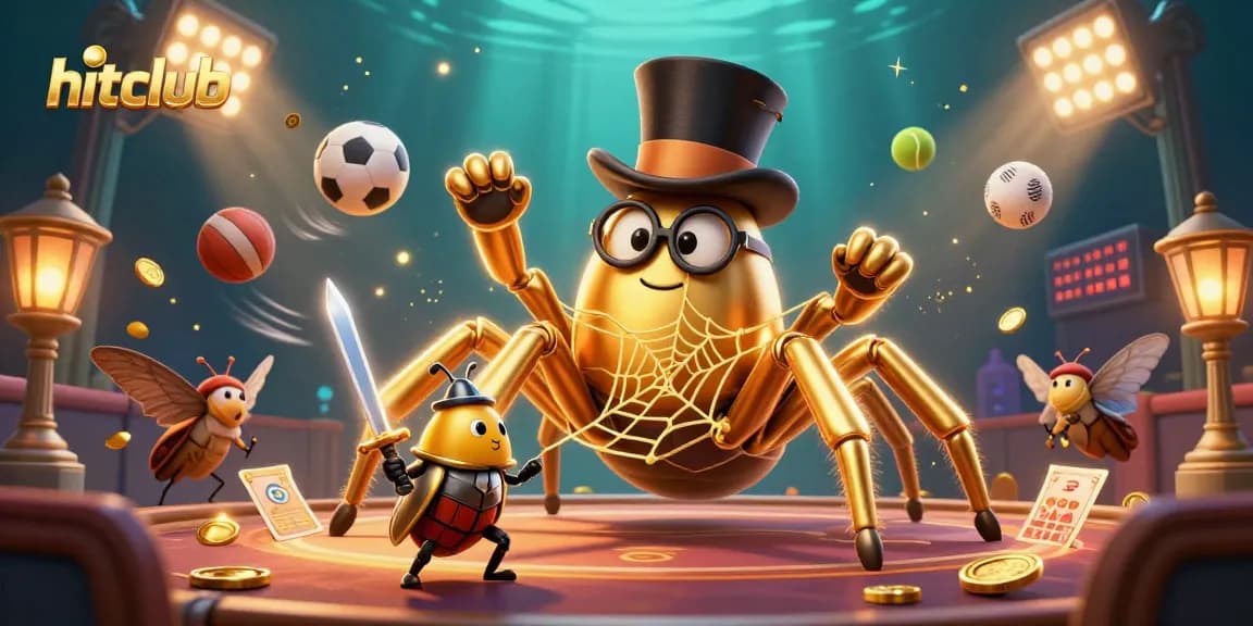 Hitclub showcases a vibrant betting scene with a golden tarantula and beetle knight in a wise gamble