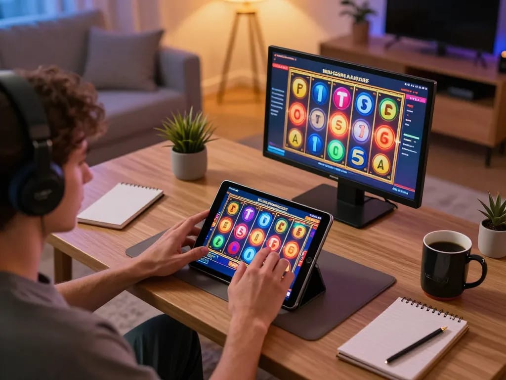 Engaging in online slots gaming with Link mới 9bet on a tablet in a cozy home environment.