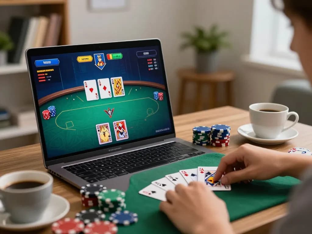 Daga online poker player strategizing with virtual cards and chips on laptop.