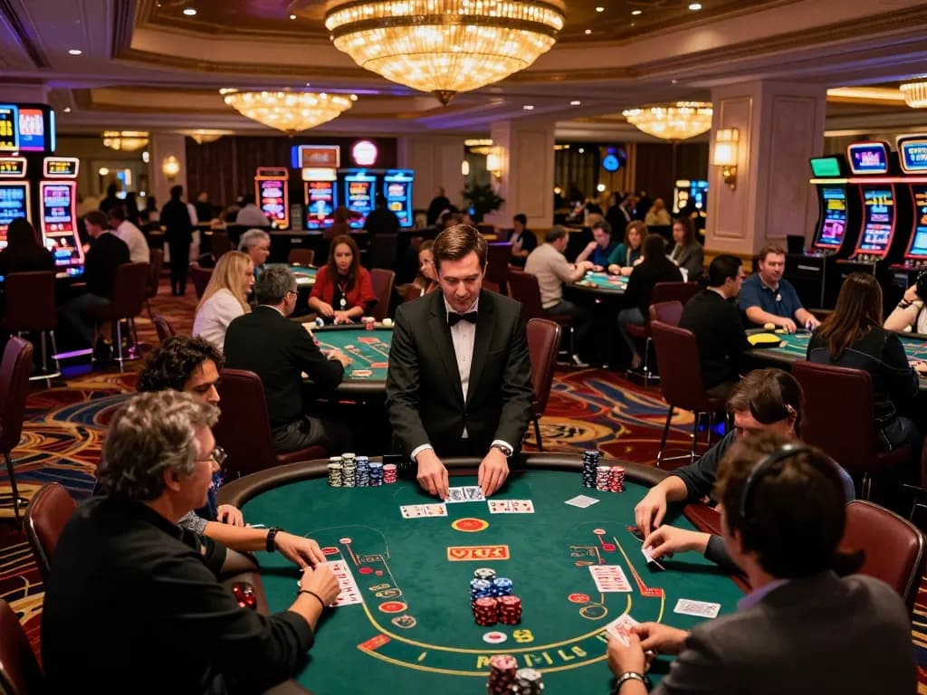 Players strategizing at blackjack tables in an upscale casino, emphasizing vb88 as they engage in intense gameplay.
