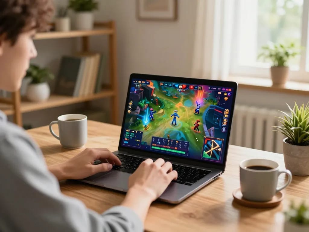 Engaging in a lively game bài session on a laptop at home, showcasing strategic gameplay.