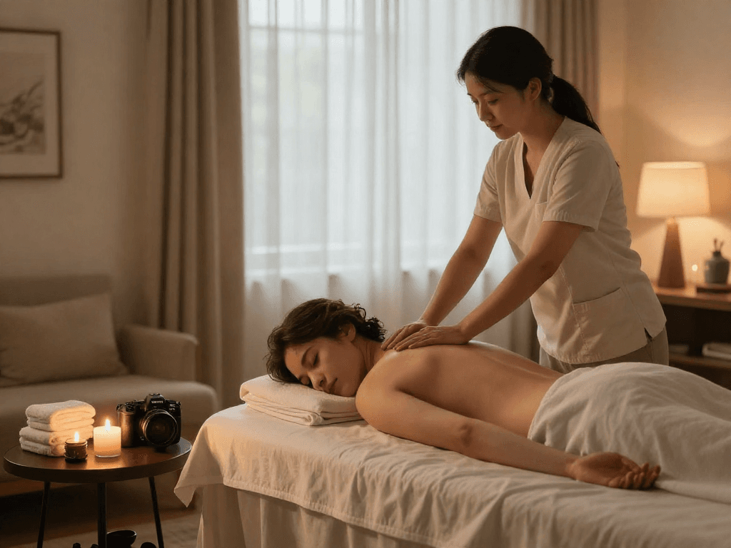 안산출장마사지 in a cozy home setting with a relaxed person receiving professional massage therapy.