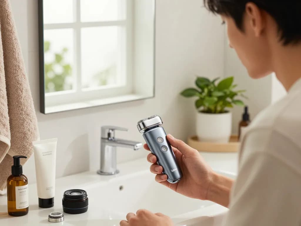 Individual grooming with a Laifen shaver in a modern bathroom, showcasing advanced design.
