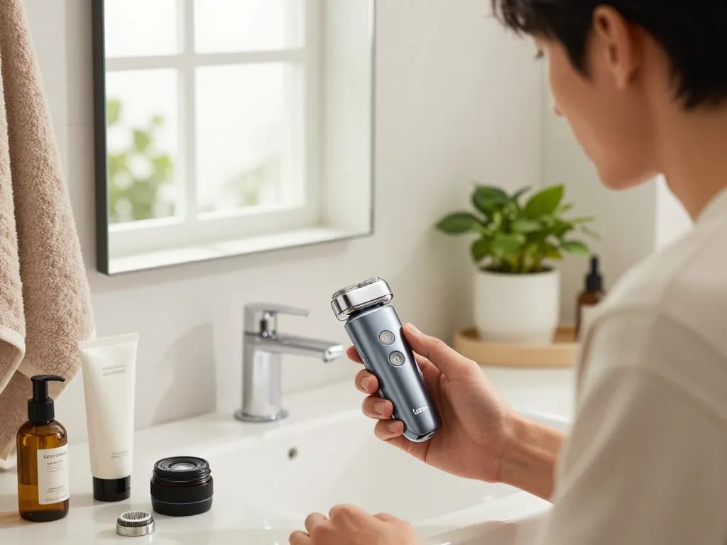 Individual grooming with a Laifen shaver in a modern bathroom, showcasing advanced design.