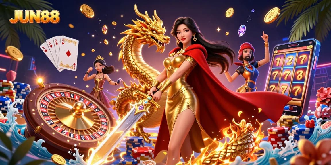 Experience thrilling gaming with JUN88, featuring a warrior queen and dynamic casino elements.