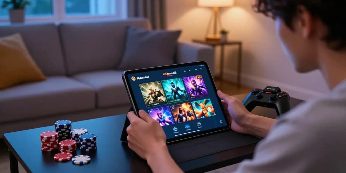 Player enjoying 68gamebai on a tablet in a cozy living room, surrounded by gaming accessories.