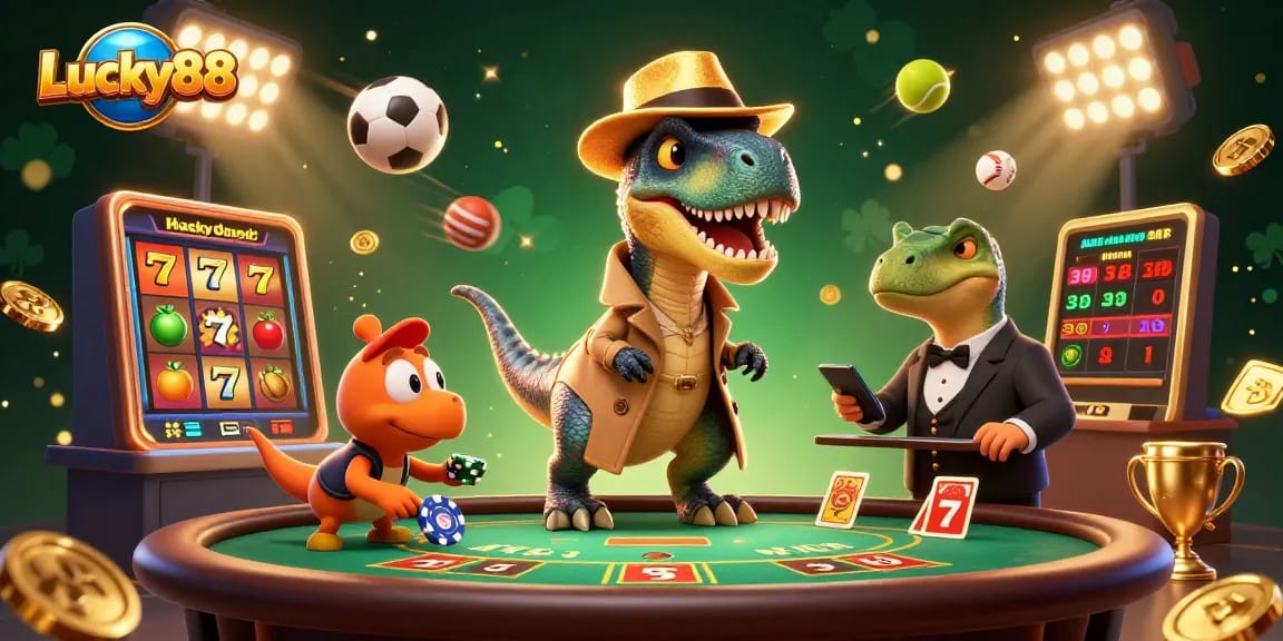 Engage with Lucky88 gameplay as a velociraptor card counter and friends stir excitement at the casino table.