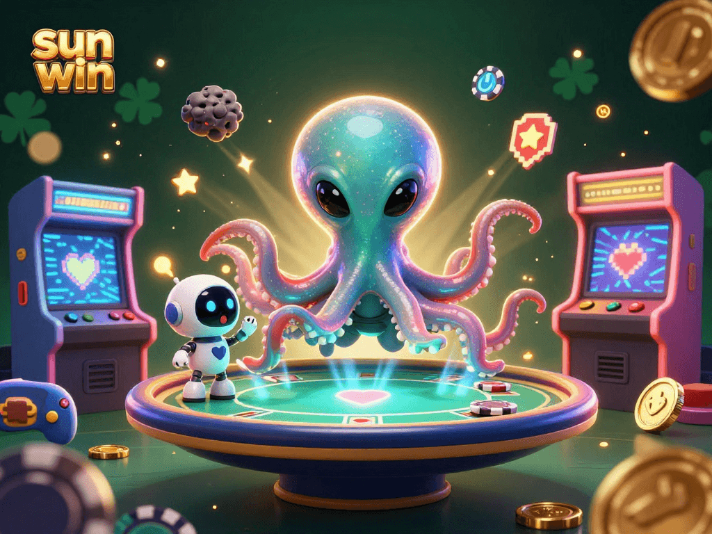 Experience excitement at sun win's alien-themed holographic poker table with vibrant game elements!