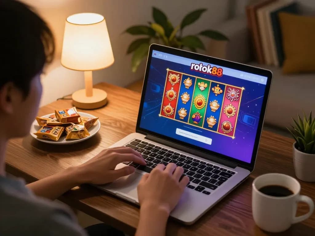 Engaged in online gaming, the user accessing rokok88 slot login on a laptop, amidst snacks and warm lighting