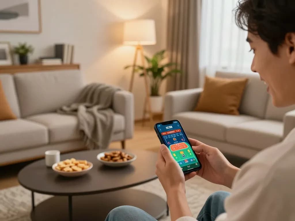 Engaging with the SC88 app, a player enjoys live casino games in a cozy home setting.