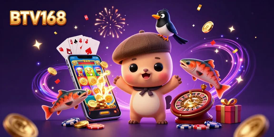 BTV168 showcases a playful Nessie with casino elements in a vibrant celebration, enhancing player excitement.