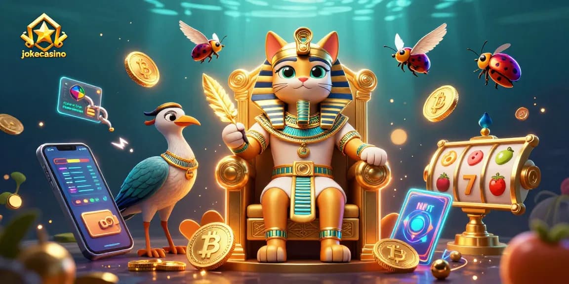 Experience the thrill of jokacasino with a vibrant scene of a pharaoh cat surrounded by crypto coins and slot elements.