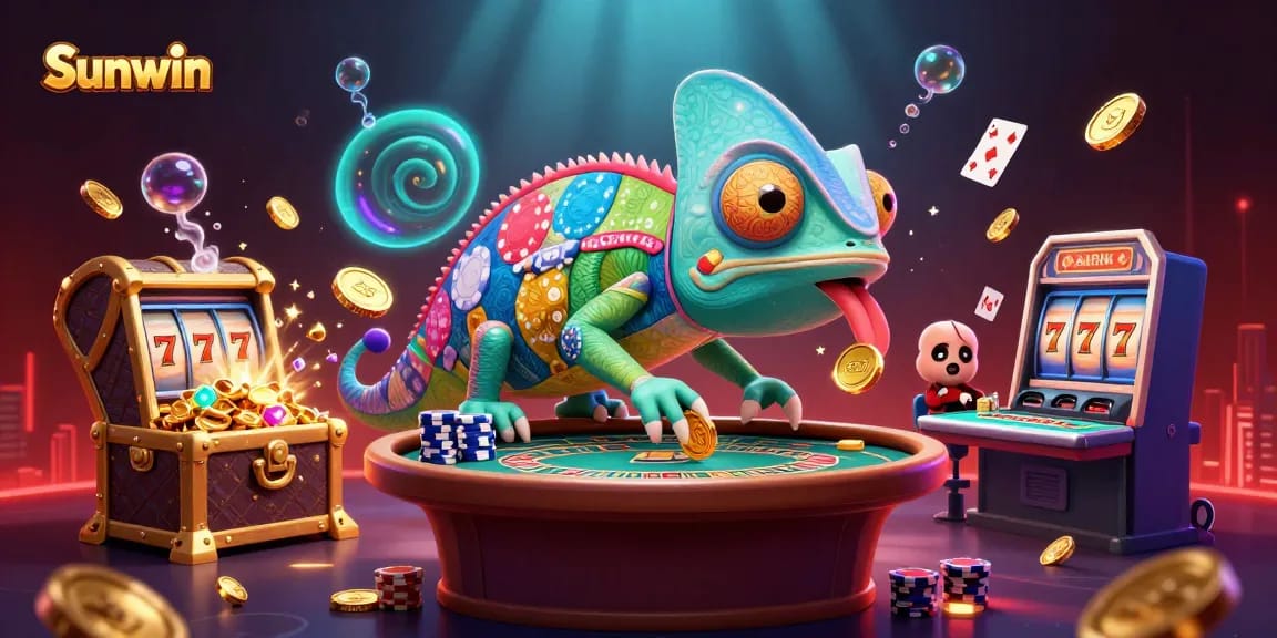 Experience Sunwin with vibrant casino visuals featuring slot machines and golden coins.