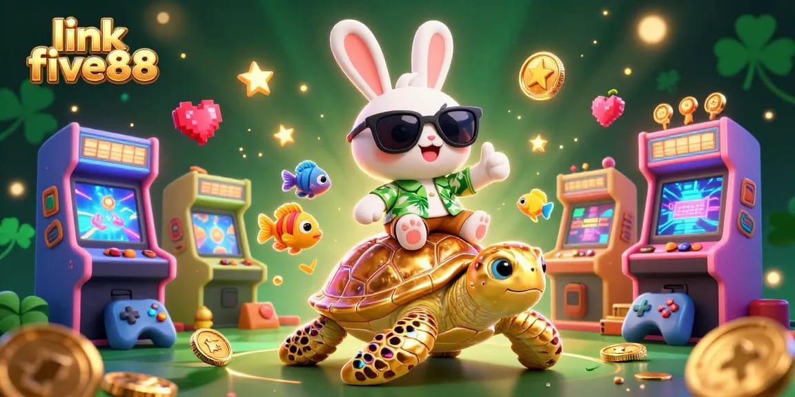 Engage in fun gaming with link five88, featuring a lucky rabbit and golden turtle in vibrant casino scene.