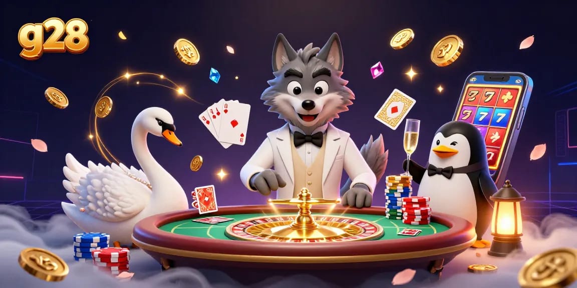 G28 showcases players winning at a baccarat table with colorful poker chips and golden coins.