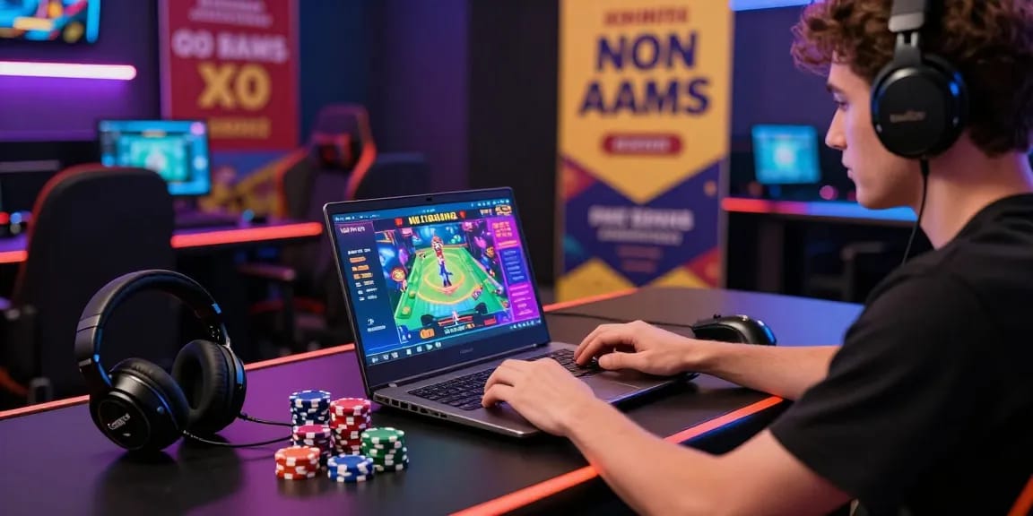 Scena di gioco emozionante di casino non AAMS con un giocatore impegnato a una scrivania moderna stilizzata, che mostra un'interfaccia di gioco colorata e accessori.