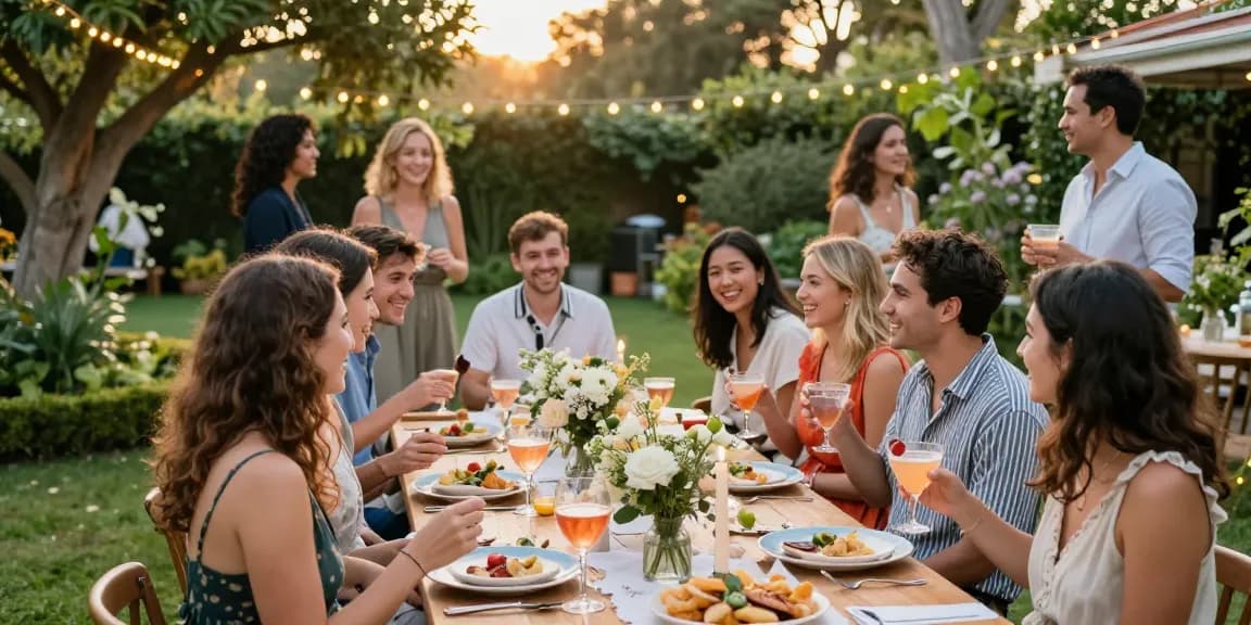 Outdoor celebration scene showcasing entertaining blogs with friends enjoying a beautifully set table and cocktails amidst lush greenery.