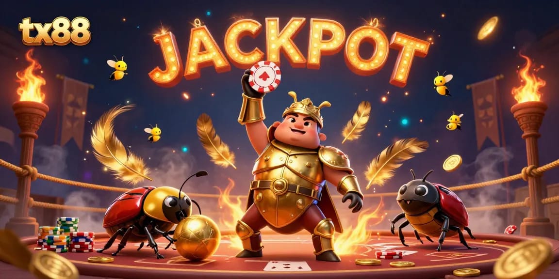 Experience excitement with tx88 as a golden armor beetle holds a poker chip amidst swirling casino elements.