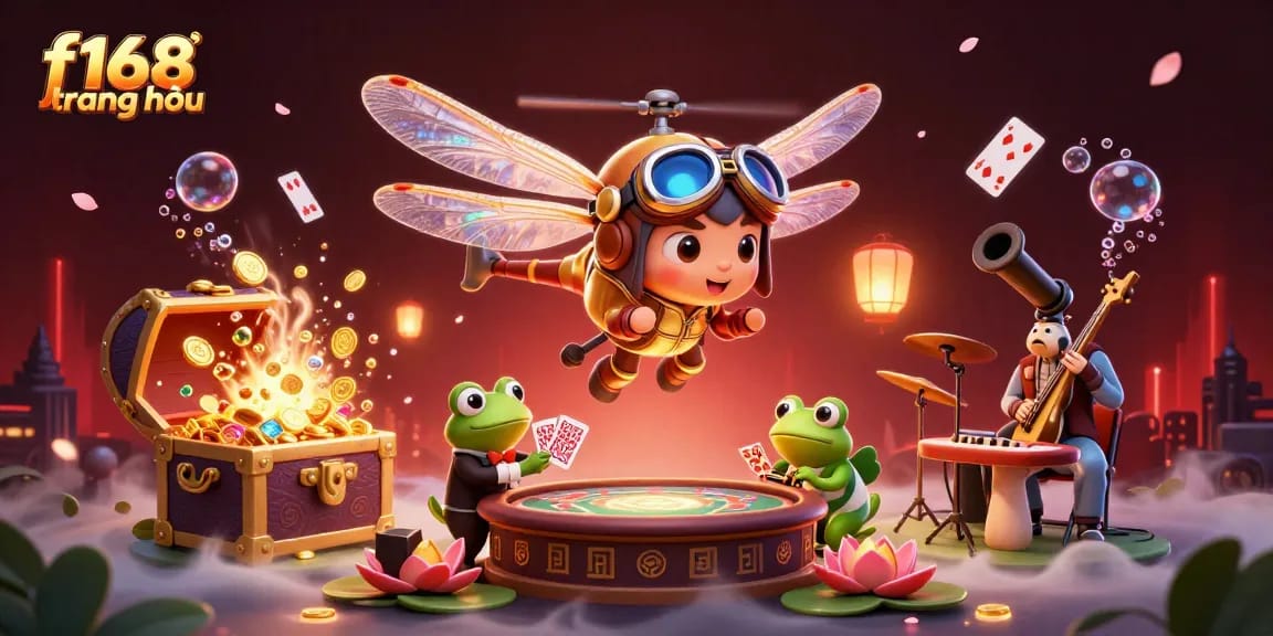 Experience exciting gaming at f168 trang chủ with vibrant illustrations of a dragonfly pilot and frog croupier.