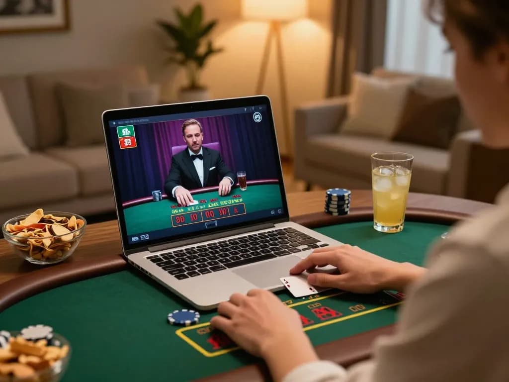 Player enjoying an engaging live dealer game on 888b online platform with cozy home setup