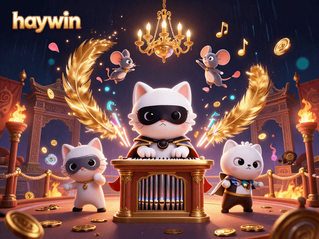 Join the haywin adventure with a 3D illustration of a phantom cat at a casino organ amidst swirling gold coins and vibrant elements.