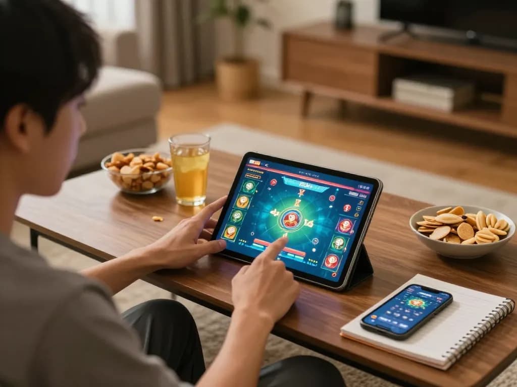 Engaging gameplay on taixiuonlinego tablet in a cozy home setting with snacks and drinks