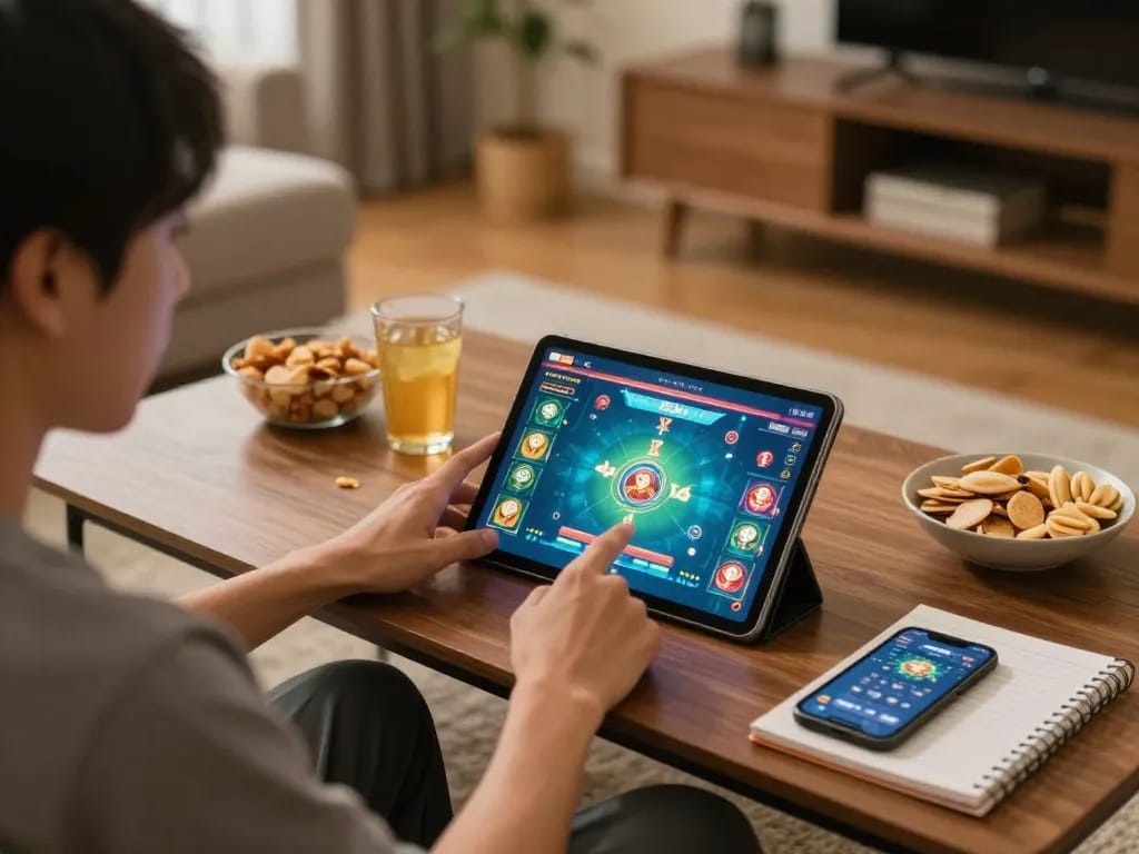 Engaging gameplay on taixiuonlinego tablet in a cozy home setting with snacks and drinks