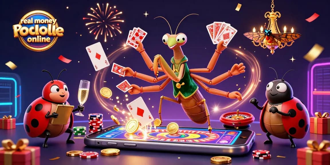 Experience real money roulette online with an animated scene of a giant praying mantis card sharp and ladybug pit boss.