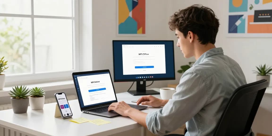 WPS Download process in a modern home office showcasing installation on a laptop.