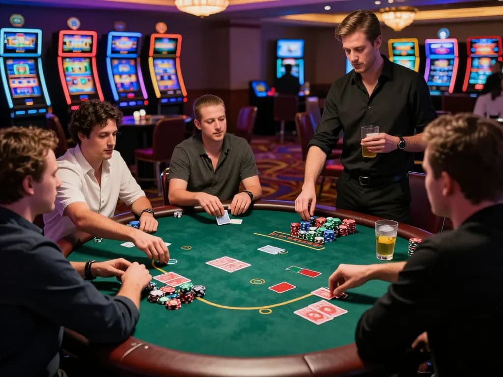 Exciting MM88 gambling scene with players at poker table and vibrant casino lights.