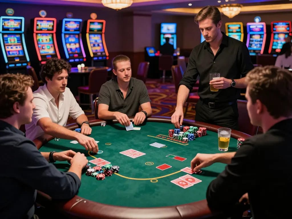 Exciting MM88 gambling scene with players at poker table and vibrant casino lights.