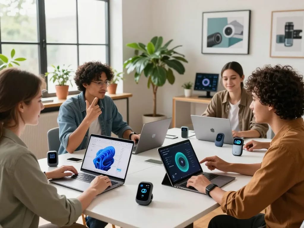 Collaborative workspace showcasing top 10 tech gadgets 2033 in a vibrant co-working environment.