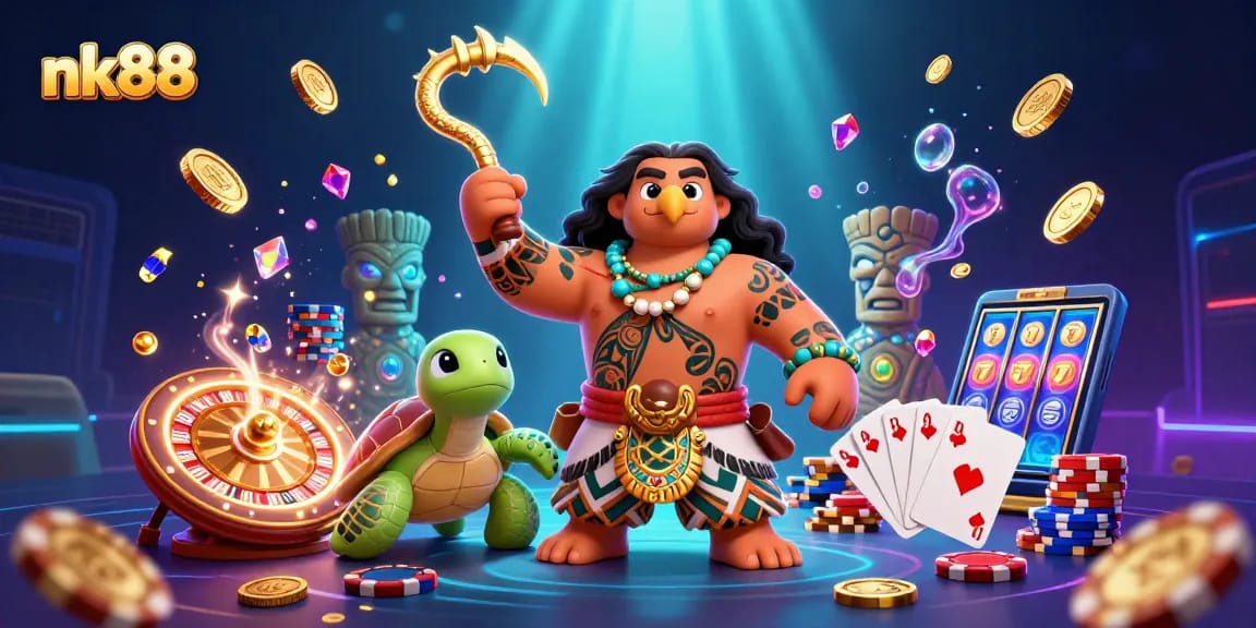 nk88 showcases vibrant 3D casino adventure with winning spins, gold coins, and poker chips.