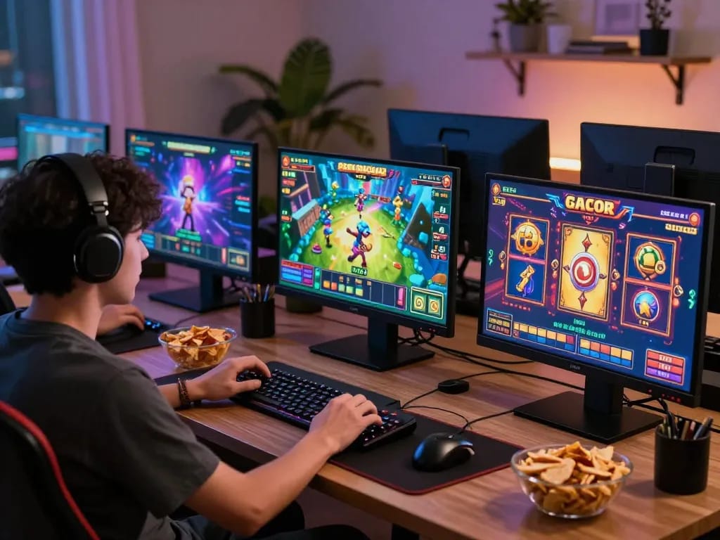 Engaging in thrilling slot gacor online games at a modern gaming desk, showcasing vibrant graphical gameplay.