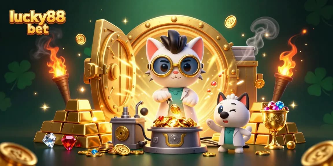 Engage with the lucky88 bet at a vibrant casino scene featuring a mad scientist cat and gold-filled chaos.