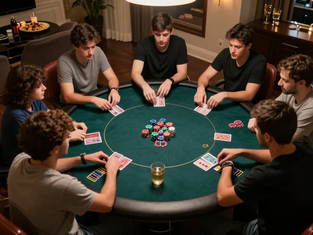 Players enjoy a high-stakes poker night at home, showcasing ee88go in a social gambling setting