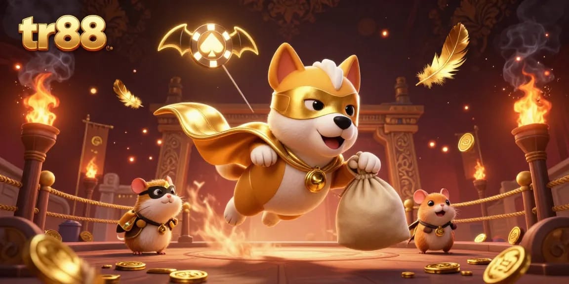 tr88 captures a superhero dog soaring with a bag of coins amidst a vibrant casino scene, igniting excitement.