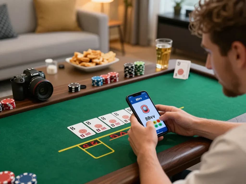Player enjoying blackjack on the 88vv app in a cozy home setting, emphasizing modern online gaming.
