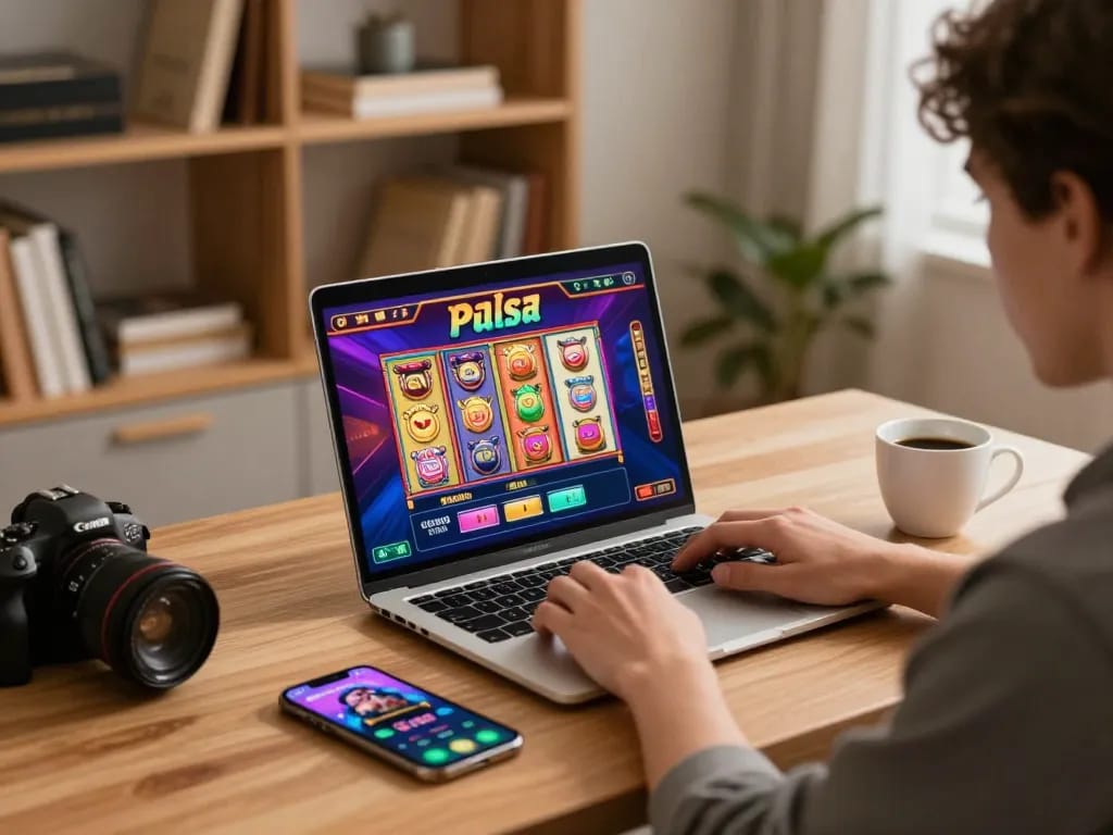 Engaging in slot pulsa online gaming with a laptop showcasing vibrant slots on screen