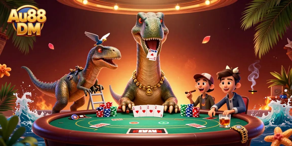 Experience excitement at Au88 DM with captivating 3D poker scene featuring playful dinosaur characters.