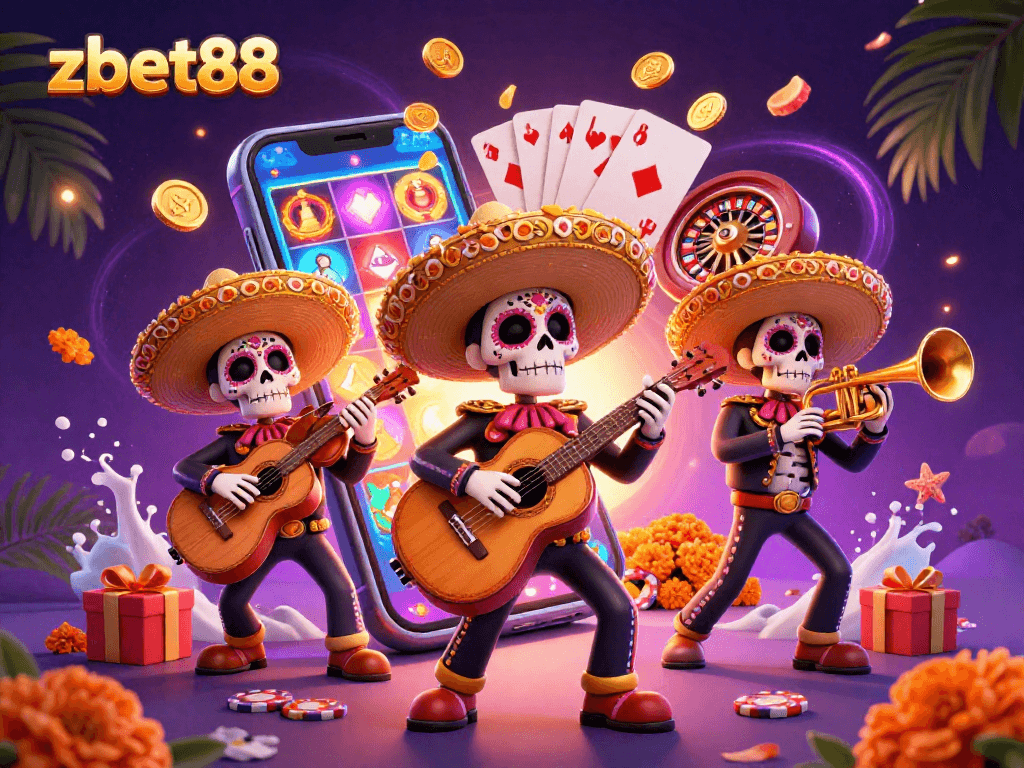Experience the thrill of zbet88 with a vibrant scene featuring a mariachi band and dynamic casino game elements.