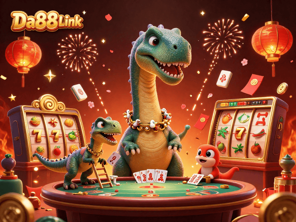 Engage in thrilling play at Da88 Link, where a towering dinosaur oversees colorful slots and festive elements.