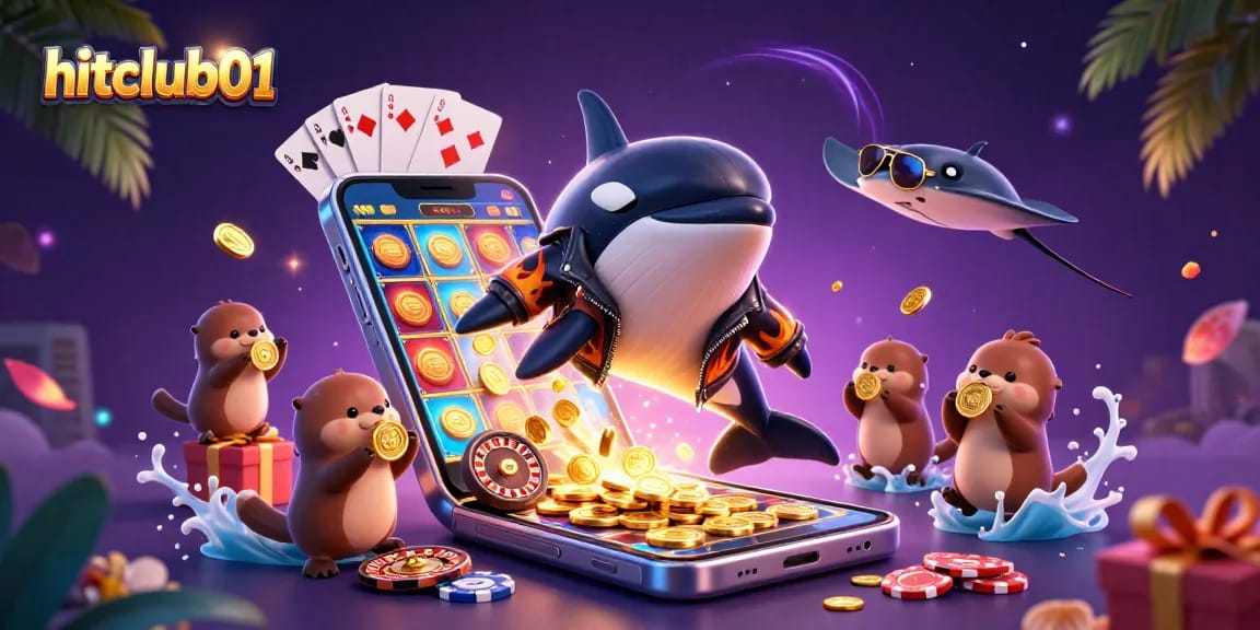 Experience excitement at hitclub01 with colorful slots and lucky sea creatures in this dynamic illustration.