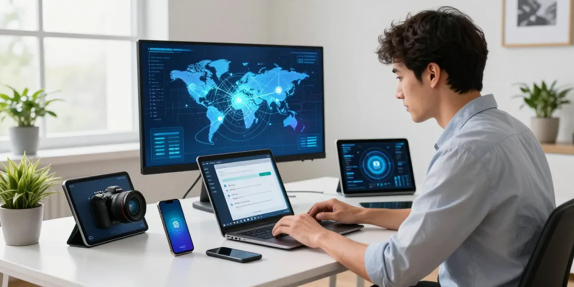 Young professional optimizing the 快连 network application on multiple devices in a modern workspace.