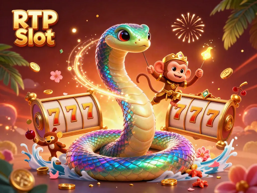 Experience the RTP Slot with vibrant visuals from a dynamic 3D scene featuring a rainbow serpent.